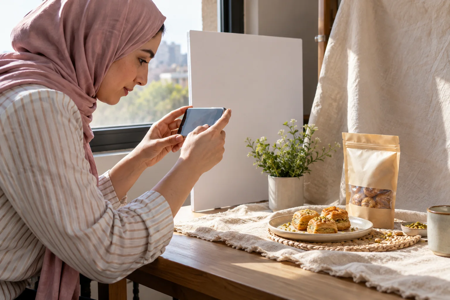 تطبيق تصوير منتج بالموبايل قرب نافذة